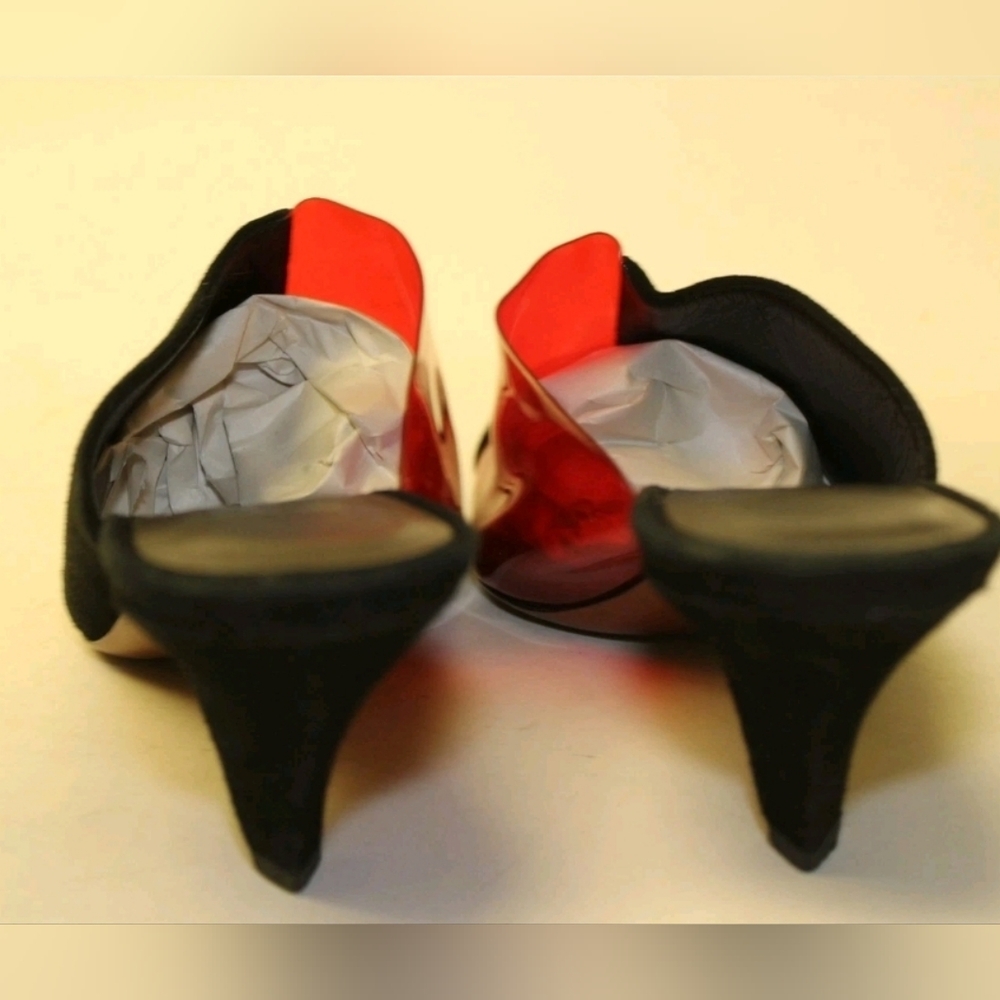 NEOUS GORGEOUS Italy Made Black Red Acetate Suede Mules Pumps Heels 38 8 - Picture 7 of 16